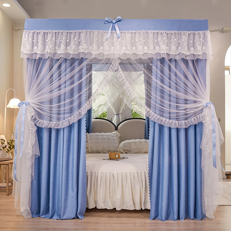 4 Doors Double Layer Shading Quadrate Mosquito Net Four Season Bed Curtain Canopy Tents with Frame Home Decor