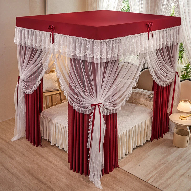 4 Doors Double Layer Shading Quadrate Mosquito Net Four Season Bed Curtain Canopy Tents with Frame Home Decor