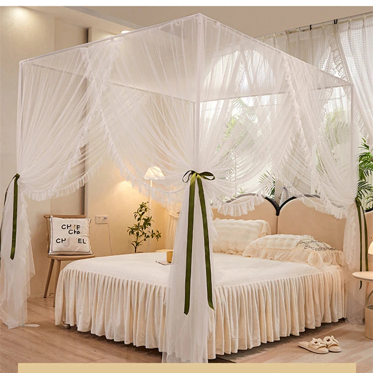 4 Doors Double Layer Shading Quadrate Mosquito Net Four Season Bed Curtain Canopy Tents with Frame Home Decor