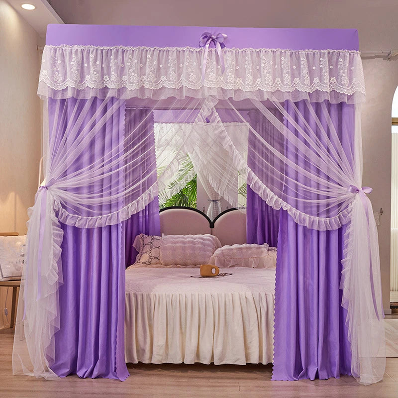 4 Doors Double Layer Shading Quadrate Mosquito Net Four Season Bed Curtain Canopy Tents with Frame Home Decor